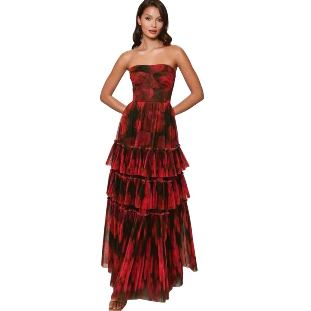 NEW NEW HUTCH Isabella Strapless Floral Tulle Gown Brown Red Size Small